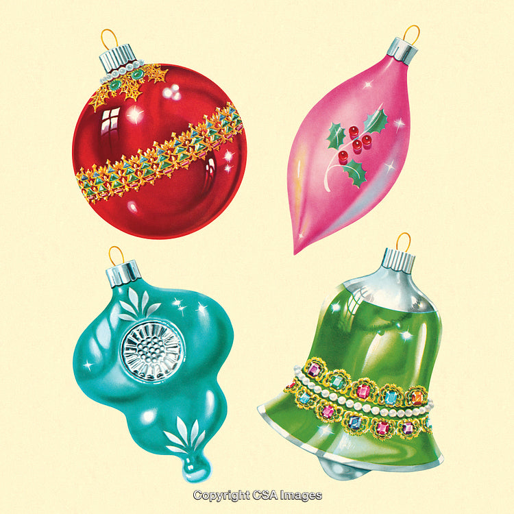Vintage Christmas Ornaments with Festive Colors on Neutral Background
