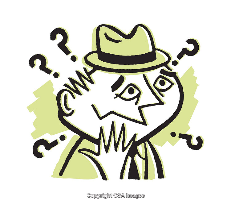 Confused Cartoon Character Surrounded by Question Marks in Green Illustration