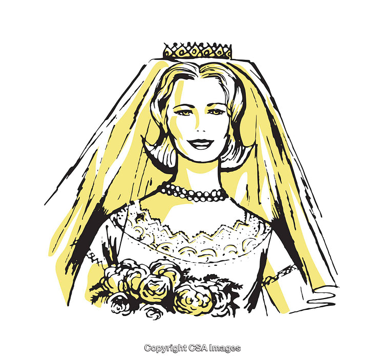 Illustrated Retro Bride in Classic Dress Holding Roses