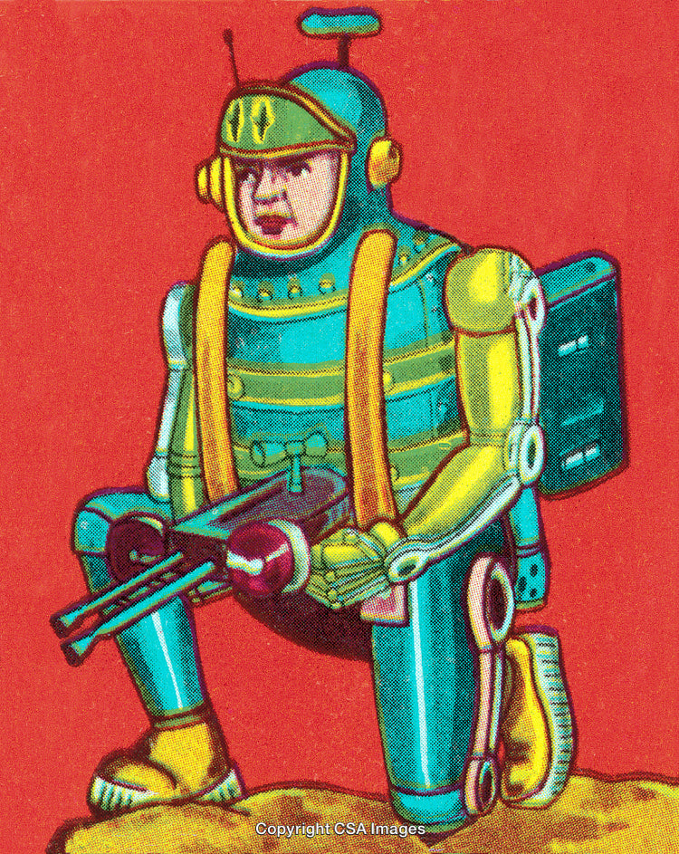 Retro Styled Illustration of a Futuristic Robot Wearing Colorful Armor