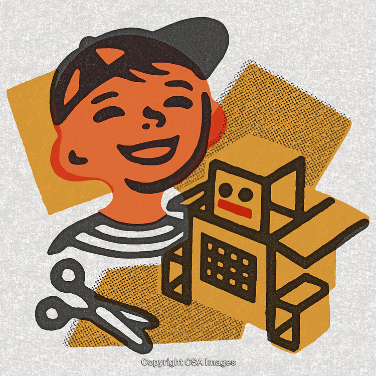 Creative Child Smiling With Handmade Robot Toy in Vibrant Artistic Style