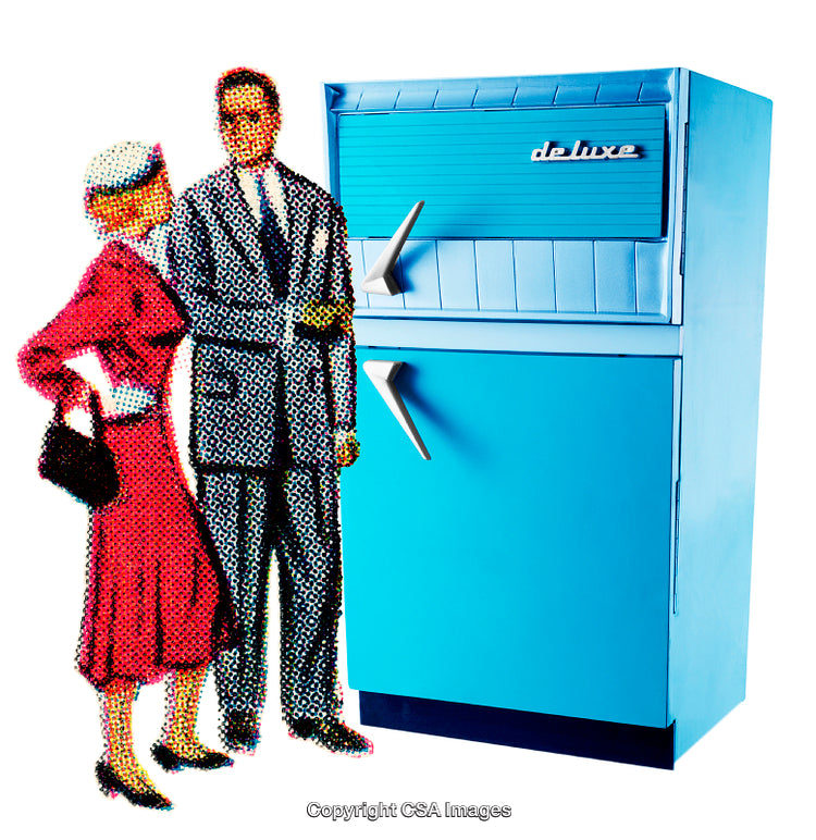 Vintage Style Collage of Retro Refrigerator and Stylish Figures