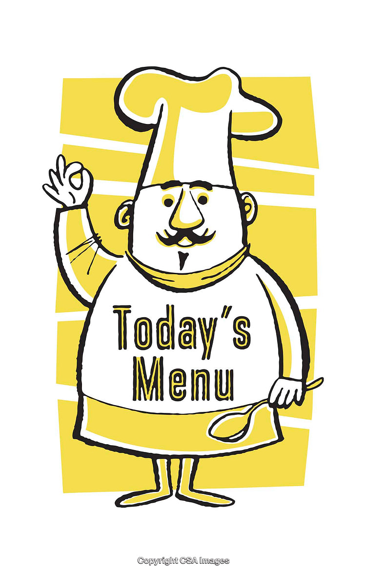 Chef Character Illustration Featuring Today's Menu and a Yellow Background