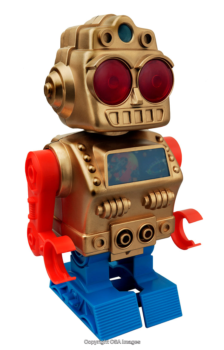 Golden Vintage Style Toy Robot With Red and Blue Features