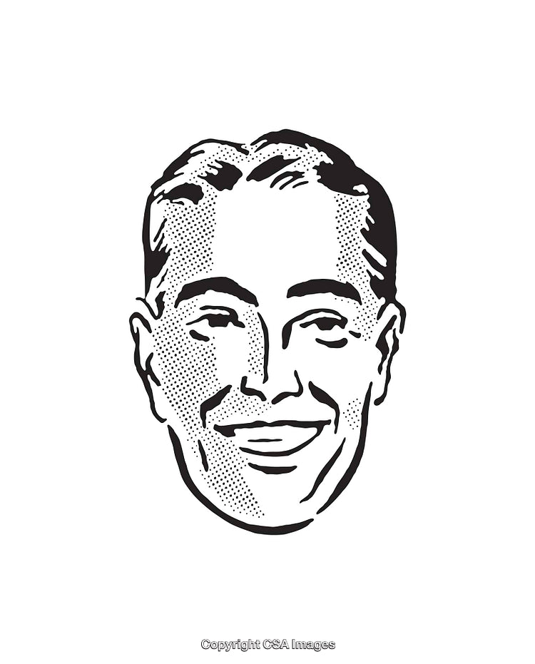 Black and White Retro Style Illustrated Male Face Line Art