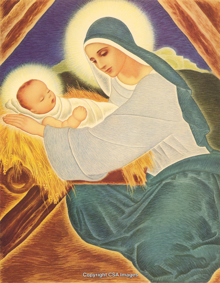 Mother and Infant with Halos Depicted in a Peaceful Religious Scene