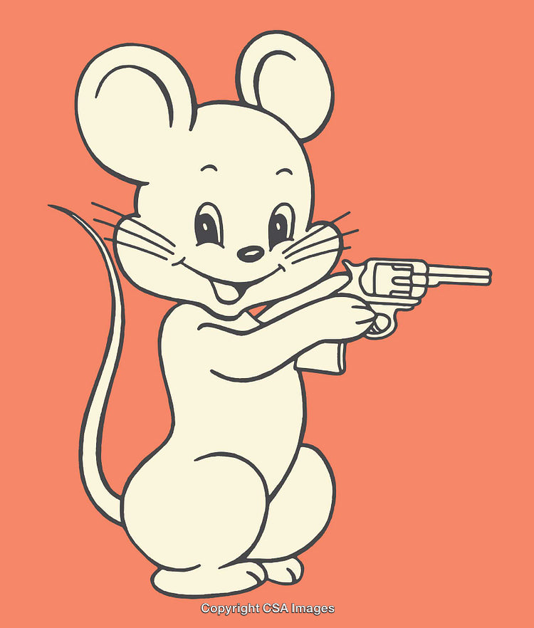 Cartoon Mouse Holding Toy Gun on a Solid Colored Background