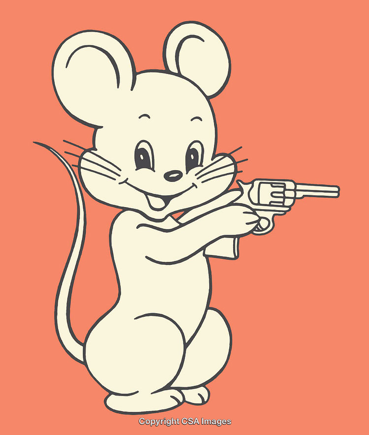 Cartoon Mouse Holding Toy Gun on a Solid Colored Background