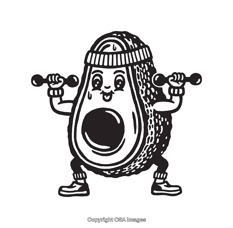 Illustrated Avocado Character Exercising With Dumbbells in Black and White