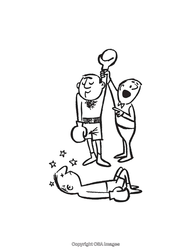 Illustrated Black-and-White Boxing Match Victory Celebration Image