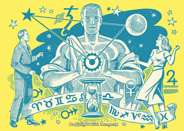 Astrological Illustration Featuring Planets, Zodiac Signs, and Symbolic Figures