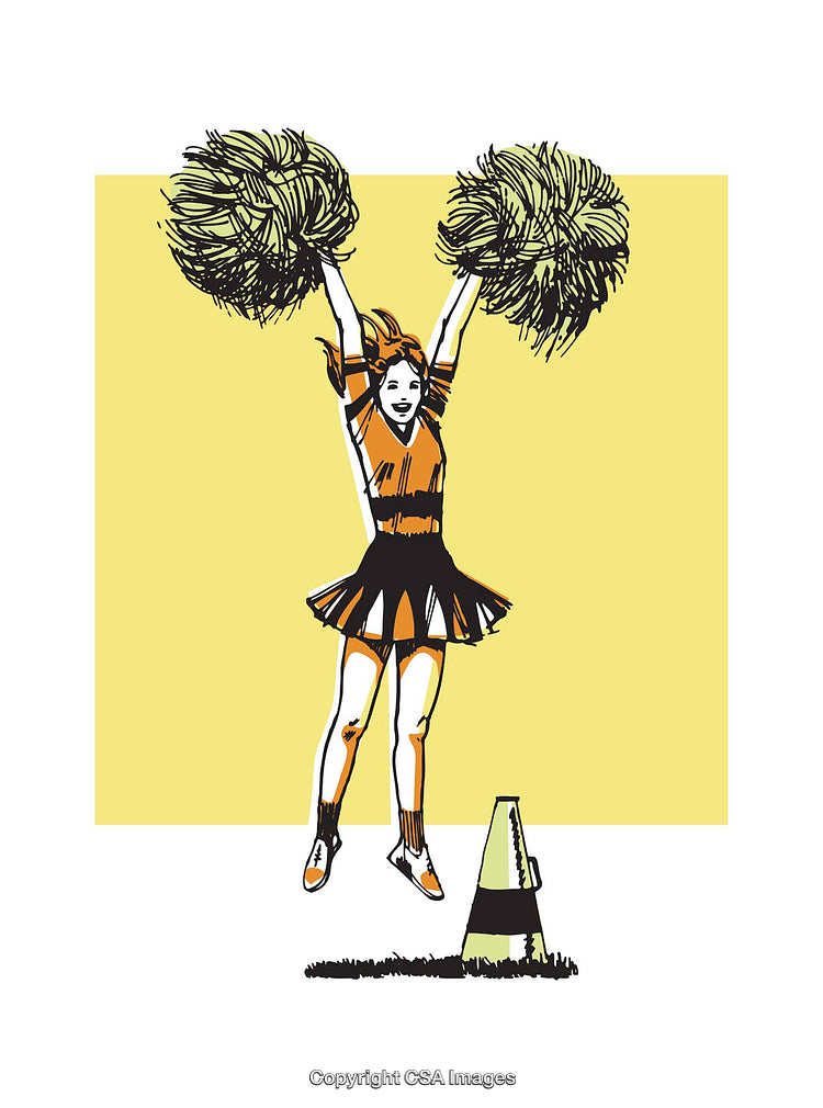 Cheerful Cheerleader Illustration with Pom-Poms on Yellow Background
