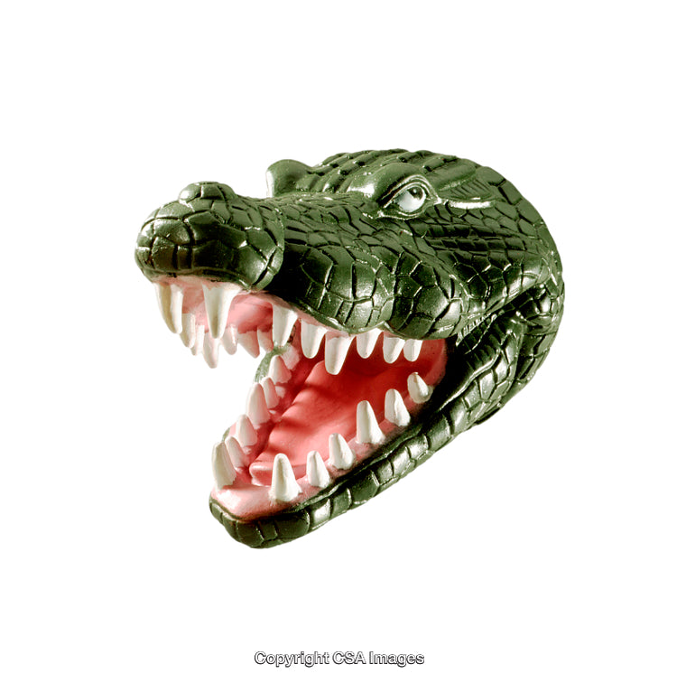 Closeup of Green Crocodile Toy Head with Open Mouth