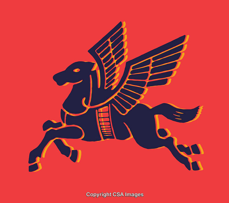 Stylized Pegasus Illustration in Bold Red and Navy Colors