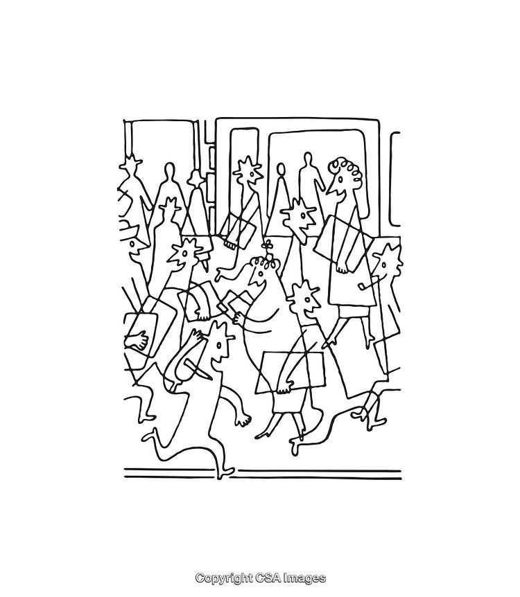 Black and White Line Drawing of a Busy Urban Crowd Scene