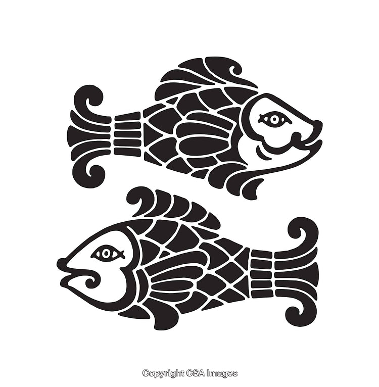 Stylized Twin Fish Illustration Featuring Black and White Line Art