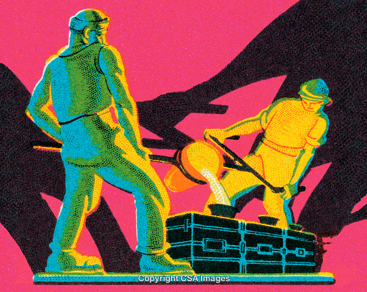 Vibrant Color Illustration of Two Workers In Action Against Bold Background