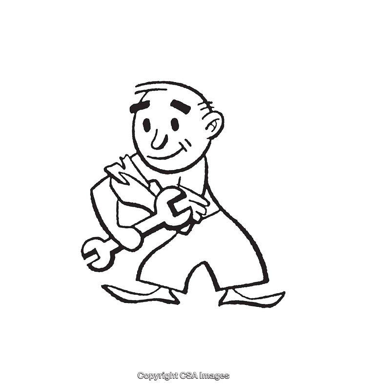 Black And White Line Art of a Handyman With Wrench and Tools