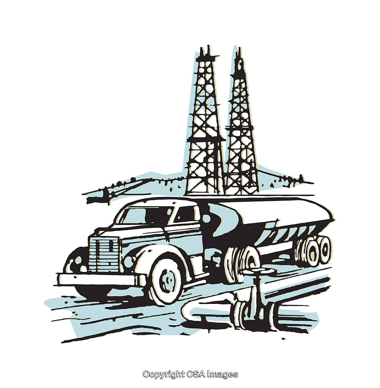 Vintage Illustration of an Oil Tanker Truck Near Oil Rigs