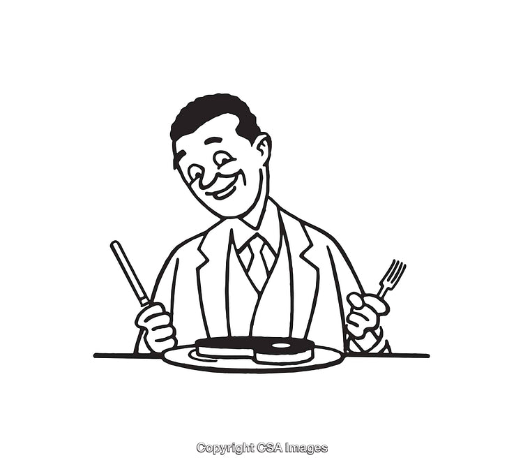 Black and White Line Art of a Happy Person Eating Meal