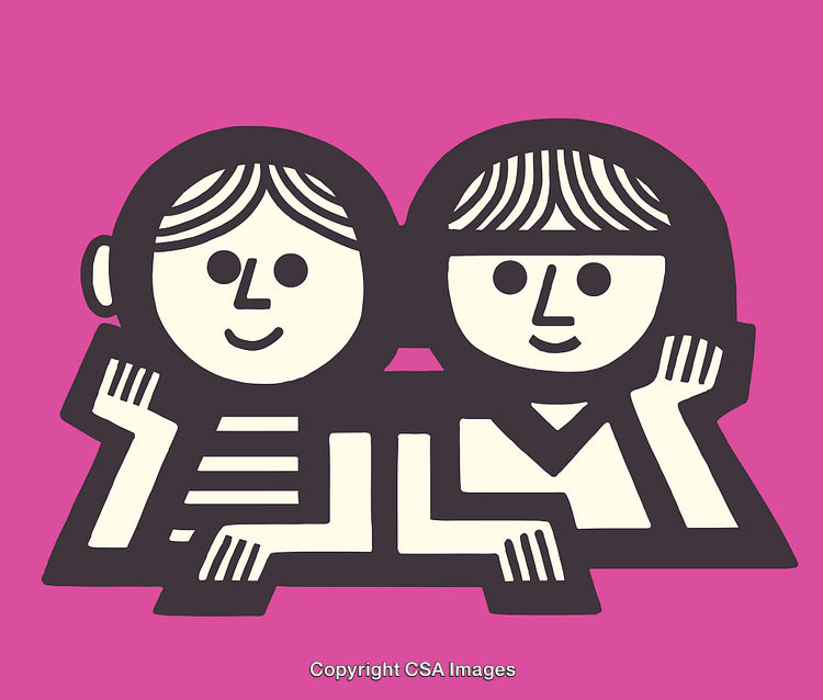 Colorful Line Art Depicting Two Friends in a Happy Pose with Bright Background