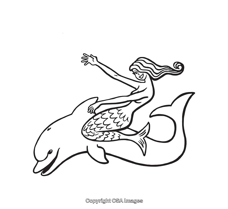 Mermaid Riding a Dolphin Black and White Line Art Illustration