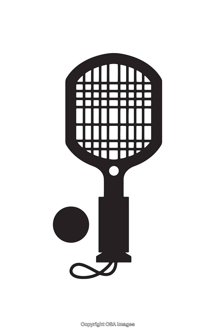 Black And White Illustration of a Tennis Racket and Ball in a Minimalist Style