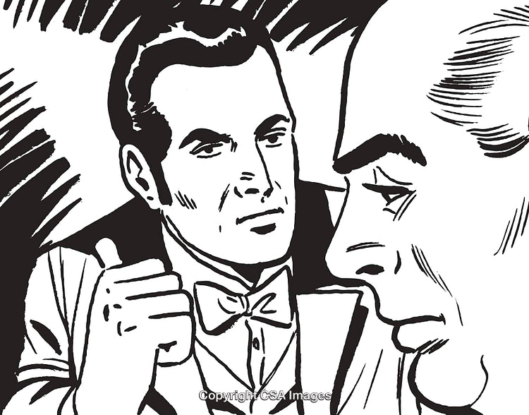 Vintage Comic Style Illustration Featuring Two Characters in Thoughtful Discussion