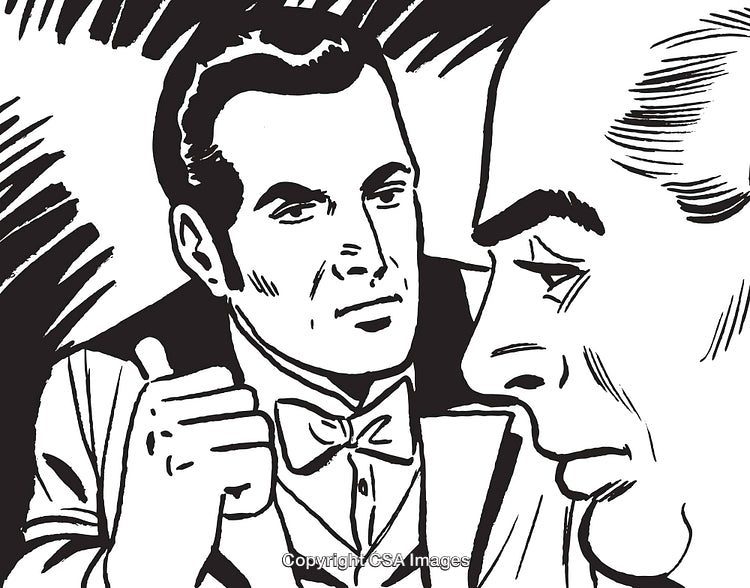 Vintage Comic Style Illustration Featuring Two Characters in Thoughtful Discussion