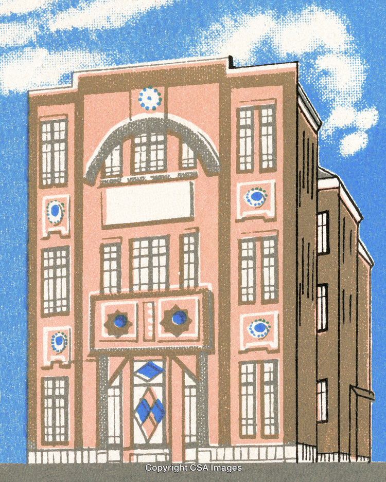 Stylized Illustration of a Historical Building Against a Bright Sky