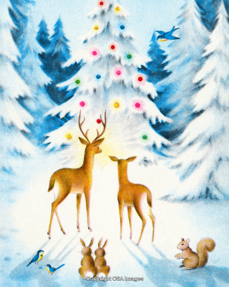 Winter Forest Scene Featuring Animals and a Decorated Christmas Tree