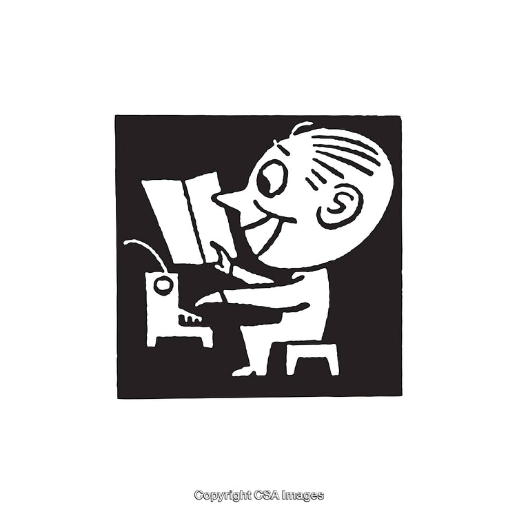 Cartoon Illustration of Happy Man Operating Computer with Joyful Expression