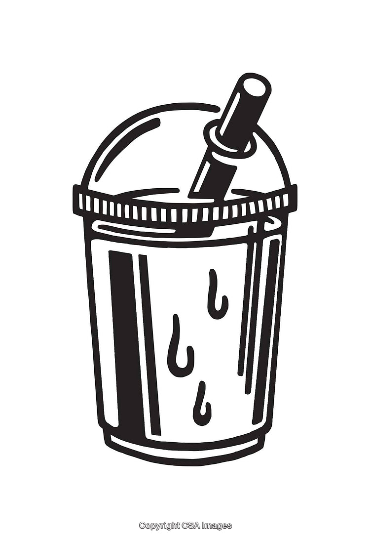 Black and White Line Art of Beverage Cup with Straw