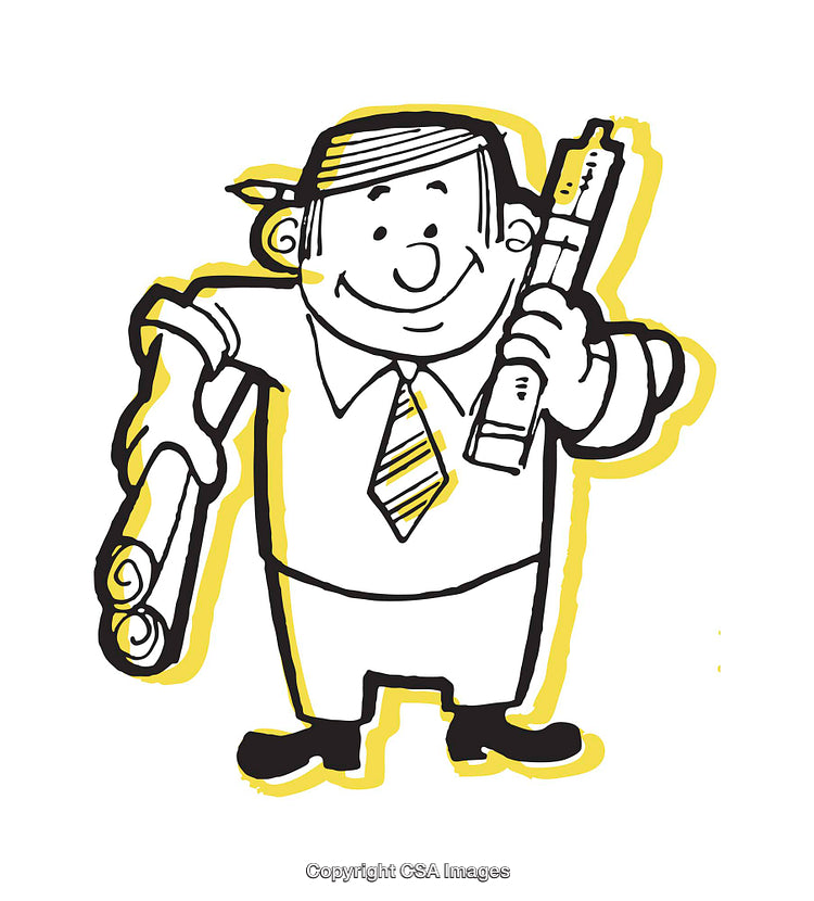 Handdrawn Cartoon of Smiling Businessman with Plans and Documents