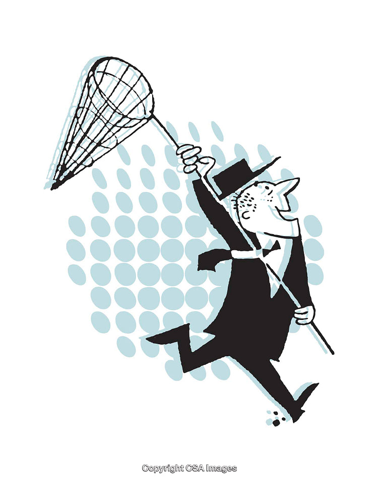 Retro Styled Illustration of a Man Cheerfully Holding a Butterfly Net
