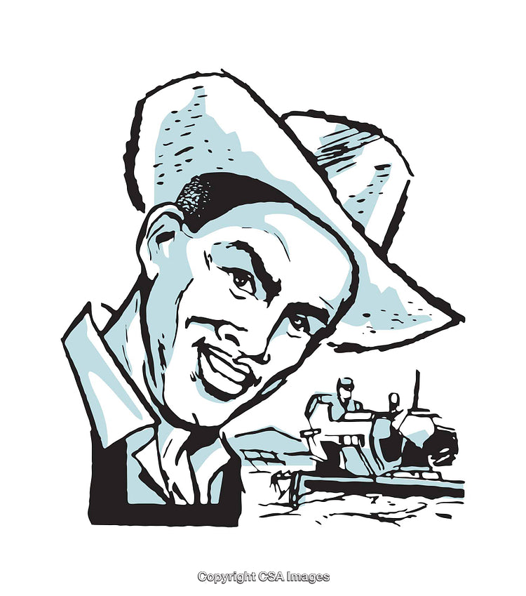 Vintage Illustration of a Smiling Cowboy with Farming Scene in Background