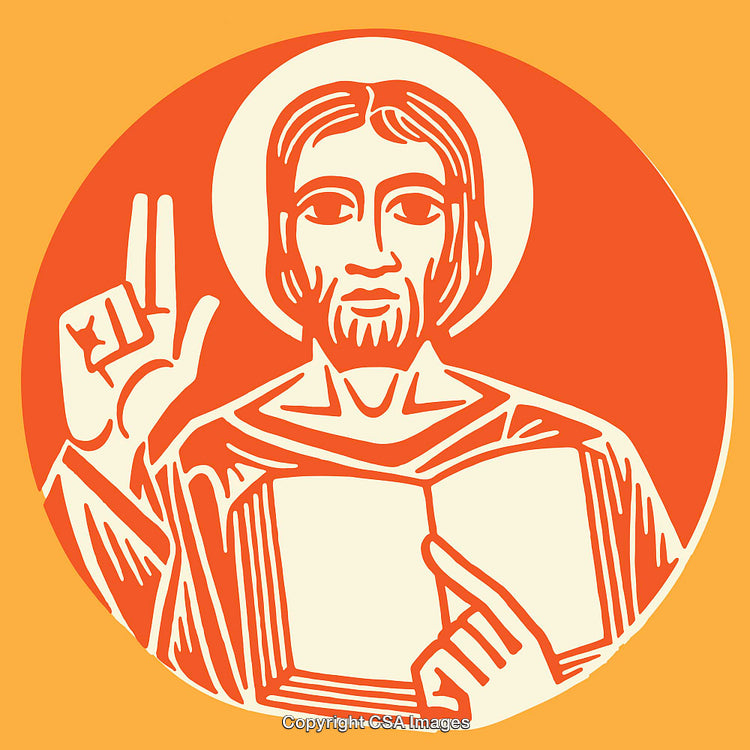 Sacred Religious Illustration Depicting a Figure Holding a Book in Line Art