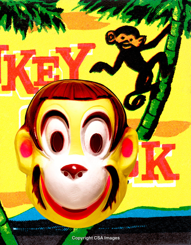 Colorful Illustration Featuring Monkey Mask and Jungle Setting with Playful Design