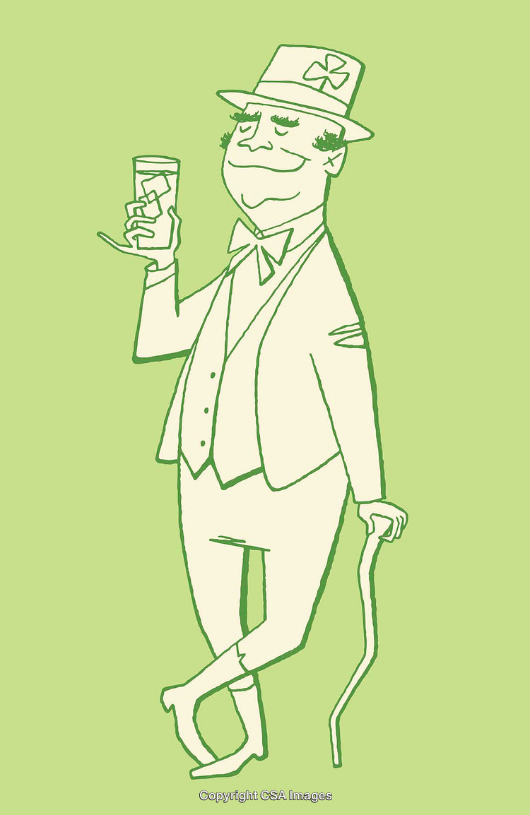 Vintage Line Art Illustration of a Cheerful Gentlemen with Shamrock Hat