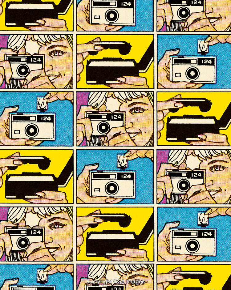 Pop Art Style Comic of Vintage Camera Sequence with Bright Colors