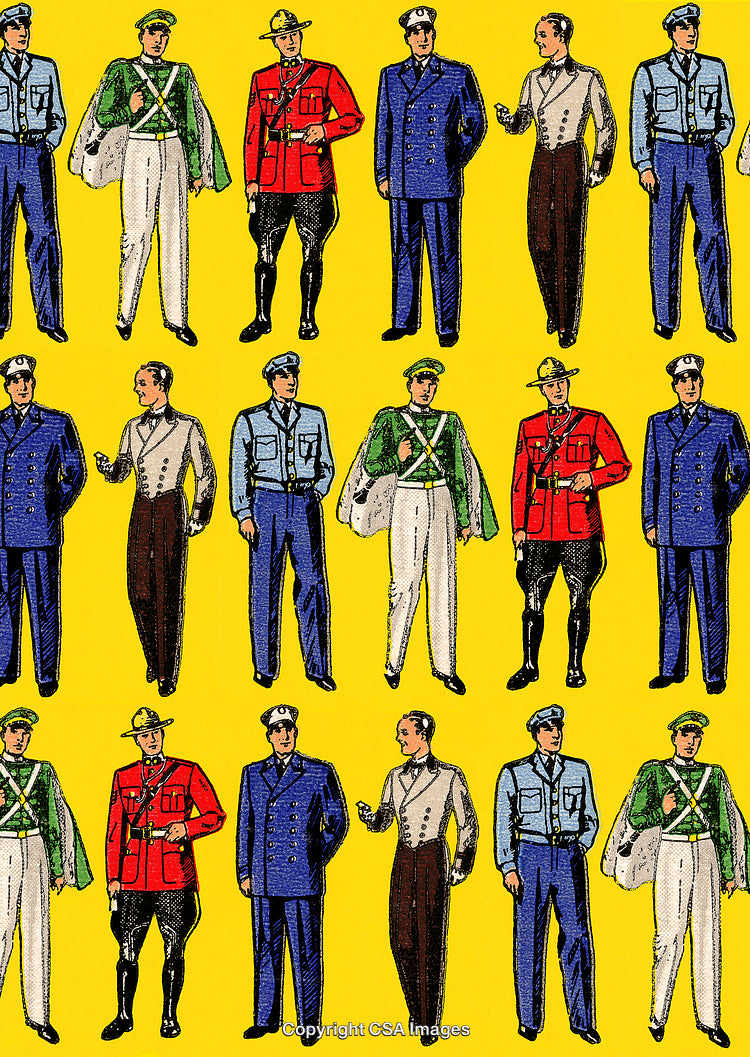 Vintage Uniform Pattern Featuring Various Professions on a Yellow Background