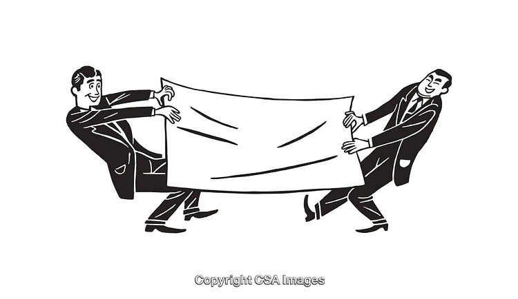 Retro Illustration of Two Men Holding a Blank Cloth in Competition