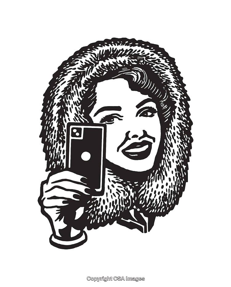 Retro Illustration of Woman With Phone in Fur Hood