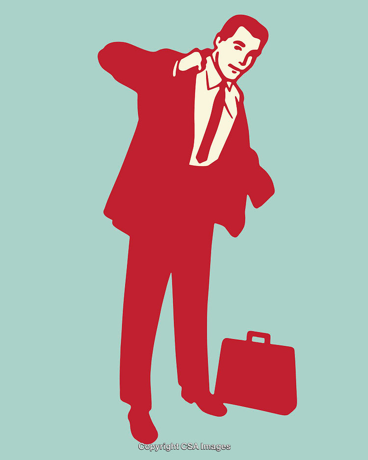 Vintage Illustration of a Businessman Adjusting Suit and Standing by Briefcase