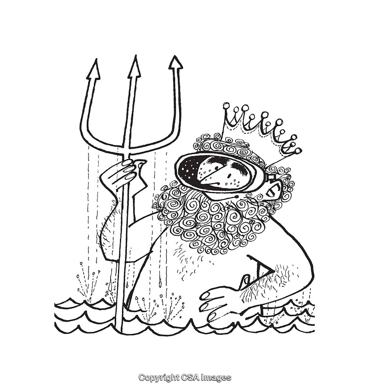 Black and White Illustration of a King Neptune Character in the Sea