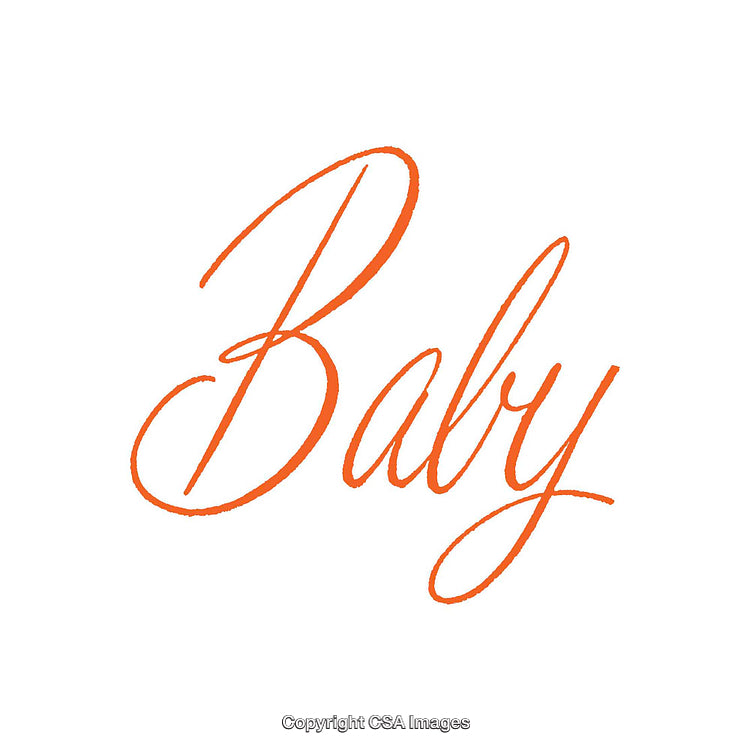 Elegant Script Illustration of the Word 'Baby' in Orange on White Background