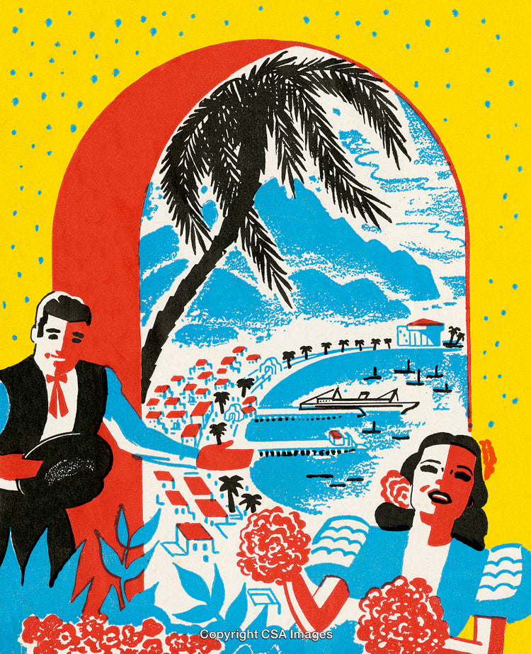 Colorful Tropical Illustration Featuring People, Palm Trees, and a Scenic Coastal View