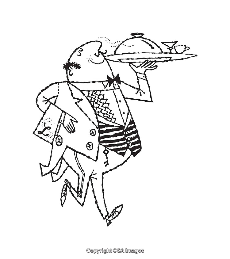 Vintage Black and White Line Art of a Waiter with Tray