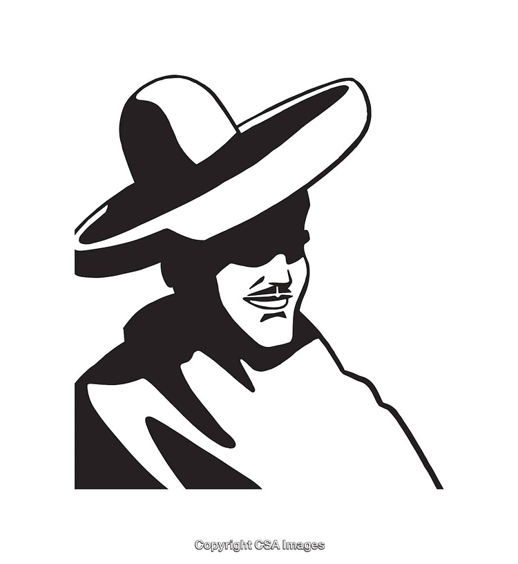 Black and White Illustration of a Person Wearing a Traditional Hat