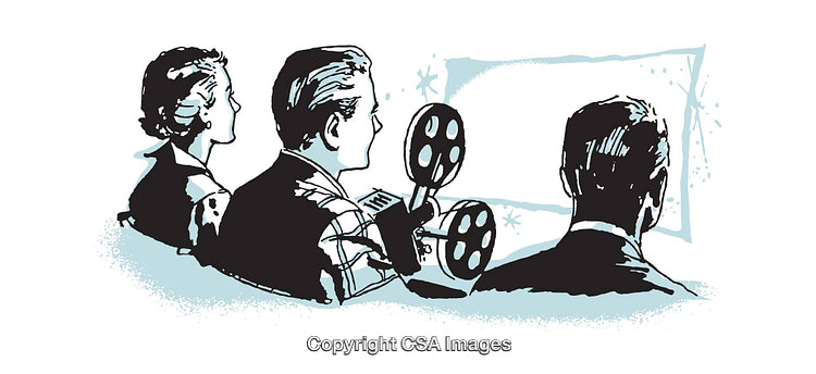 Vintage Illustration of People Operating a Movie Projector in a Cinema Setting